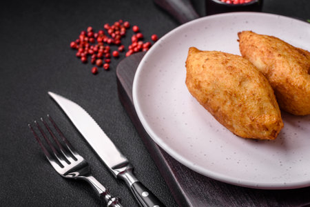 Delicious baked potato cutlet stuffed with chicken and vegetables, spices and salt on a dark concrete backgroundの写真素材