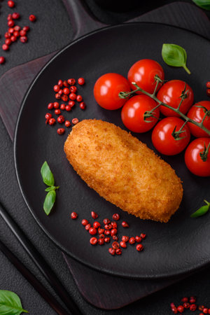 Delicious baked potato cutlet stuffed with chicken and vegetables, spices and salt on a dark concrete backgroundの写真素材