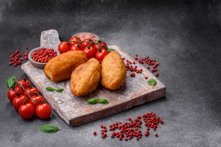 Delicious baked potato cutlet stuffed with chicken and vegetables, spices and salt on a dark...