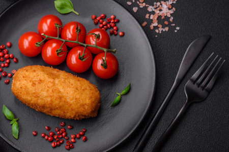 Delicious baked potato cutlet stuffed with chicken and vegetables, spices and salt on a dark concrete backgroundの写真素材