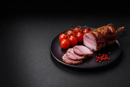 Delicious smoked bacon with salt, spices and herbs on a dark concrete background
