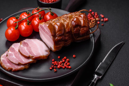 Delicious smoked bacon with salt, spices and herbs on a dark concrete backgroundの写真素材