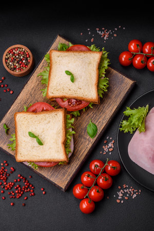 Delicious sandwich with toast, ham, tomatoes, cheese and lettuce with salt, spices and herbs on a dark concrete backgroundの写真素材
