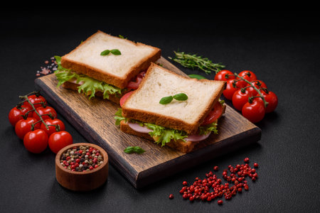 Delicious sandwich with toast, ham, tomatoes, cheese and lettuce with salt, spices and herbs on a dark concrete backgroundの写真素材