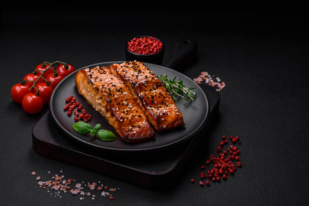 Delicious fresh grilled red fish with salt, spices and herbs on a dark concrete backgroundの写真素材