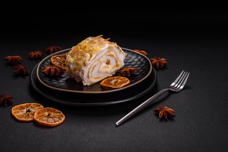 Delicious, fresh, sweet meringue roll with cream, almond chips, nuts and berries cut into slices on a dark concrete backgroundの写真素材