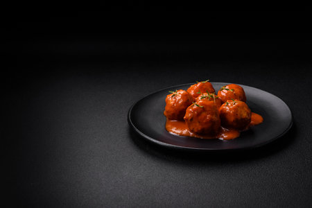 Delicious fresh meatballs in tomato sauce with salt, spices and herbs on a dark concrete background