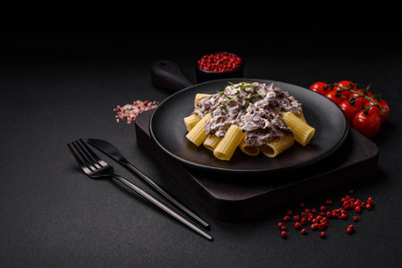 Delicious fresh pasta with champignon mushrooms in a creamy sauce with salt, spices and herbs on a dark concrete backgroundの写真素材