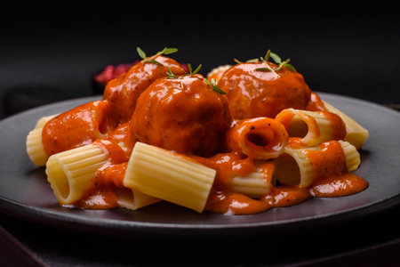 Delicious fresh meatballs and pasta in tomato sauce with salt, spices and herbs on a dark concrete...