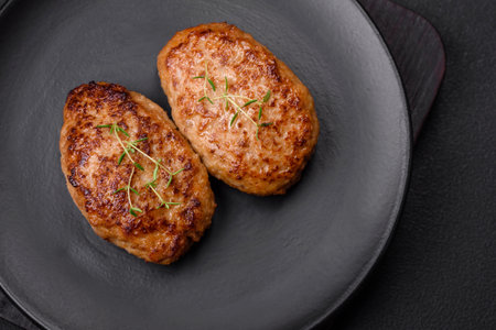 Delicious fresh fried minced fish cutlets with spices and herbs on a dark concrete background
