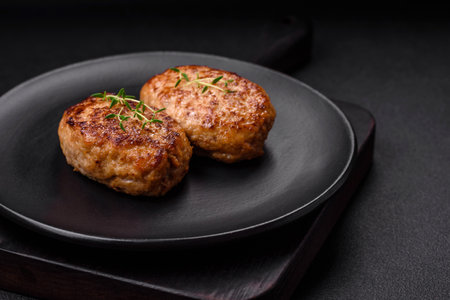 Delicious fresh fried minced fish cutlets with spices and herbs on a dark concrete backgroundの写真素材
