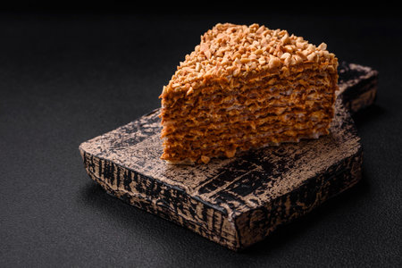 Delicious sweet puff waffle cake with cream and nuts cut into pieces on a textured concrete backgroundの写真素材