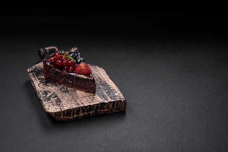 Delicious sweet chocolate brownie cake with blueberries, currants and raspberries on a ceramic plateの写真素材