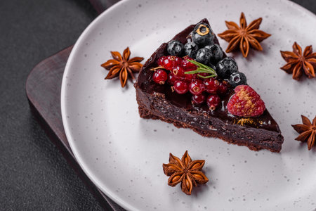 Delicious sweet chocolate brownie cake with blueberries, currants and raspberries on a ceramic plateの写真素材