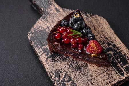 Delicious sweet chocolate brownie cake with blueberries, currants and raspberries on a ceramic plateの写真素材