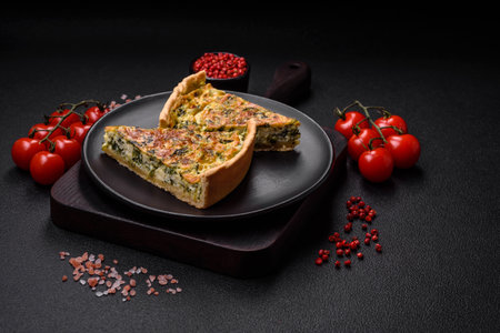 Delicious fresh quiche with broccoli, cheese, spices and herbs cut into pieces on a dark concrete...