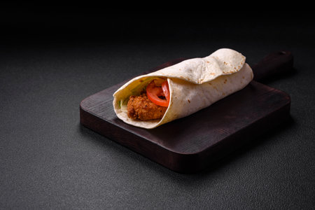 Delicious roll with chicken nuggets, tomatoes, lettuce and sauces with salt and spices on a dark concrete backgroundの写真素材