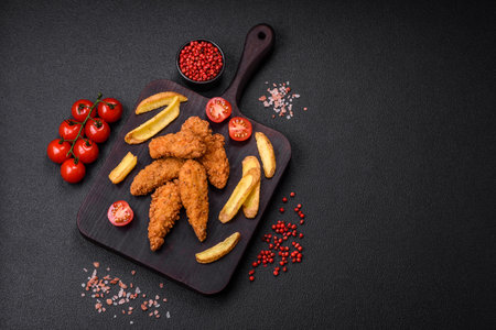 Delicious crispy chicken nuggets breaded with salt and spices on a dark concrete backgroundの写真素材