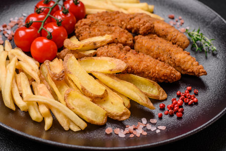 Delicious crispy chicken nuggets breaded with salt and spices on a dark concrete backgroundの写真素材