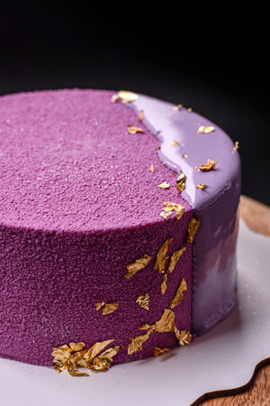 Delicious fresh sweet mousse cake with berry filling topped with pink velvet topping on dark concrete backgroundの写真素材