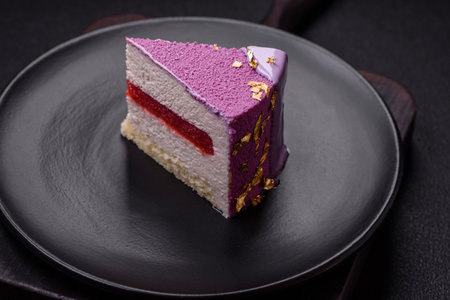 Delicious fresh sweet mousse cake with berry filling topped with pink velvet topping on dark concrete backgroundの写真素材