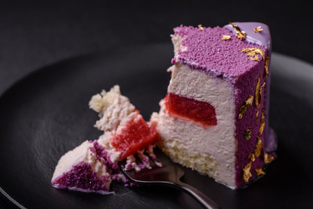 Delicious fresh sweet mousse cake with berry filling topped with pink velvet topping on dark...