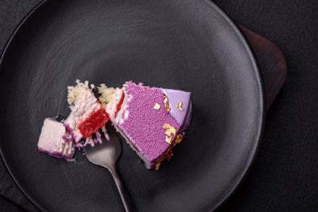 Delicious fresh sweet mousse cake with berry filling topped with pink velvet topping on dark concrete backgroundの写真素材