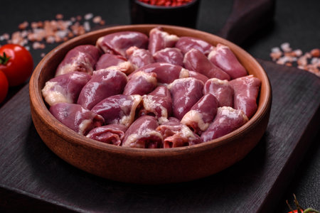 Fresh raw chicken or turkey hearts in a ceramic plate with salt, spices and herbs on a dark concrete backgroundの写真素材
