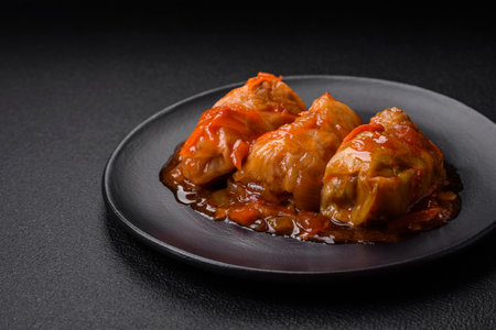 Delicious dolma in tomato sauce with carrots, onions, salt, spices and herbs on a dark concrete backgroundの写真素材