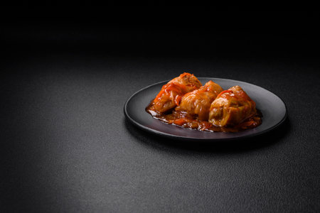 Delicious dolma in tomato sauce with carrots, onions, salt, spices and herbs on a dark concrete backgroundの写真素材