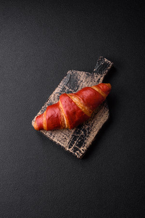 Delicious sweet crunchy red croissant with cream filling on dark textured concrete backgroundの写真素材