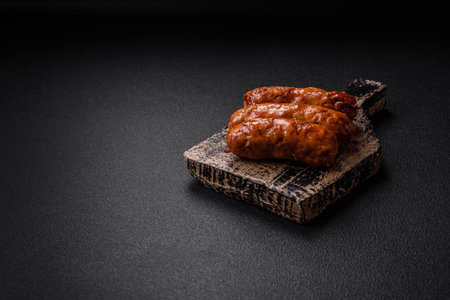 Delicious juicy grilled sausages with salt, spices and herbs on a dark concrete backgroundの写真素材
