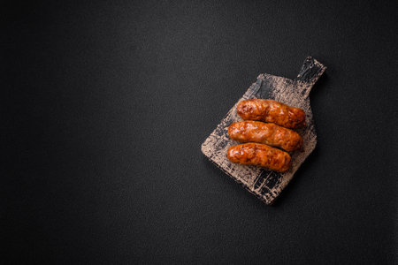 Delicious juicy grilled sausages with salt, spices and herbs on a dark concrete backgroundの写真素材