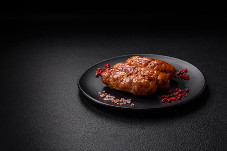 Delicious juicy grilled sausages with salt, spices and herbs on a dark concrete background