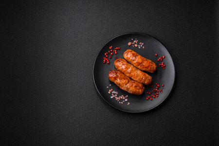 Delicious juicy grilled sausages with salt, spices and herbs on a dark concrete backgroundの写真素材