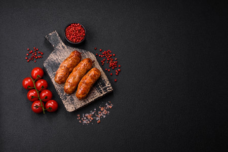 Delicious juicy grilled sausages with salt, spices and herbs on a dark concrete backgroundの写真素材