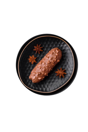 Delicious fresh eclair cake or profiterole with chocolate and nuts on a dark concrete background