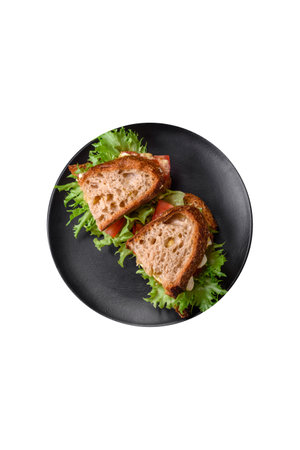 Delicious caprese sandwich with grilled toast, mozzarella, lettuce and tomatoes on a dark concrete...