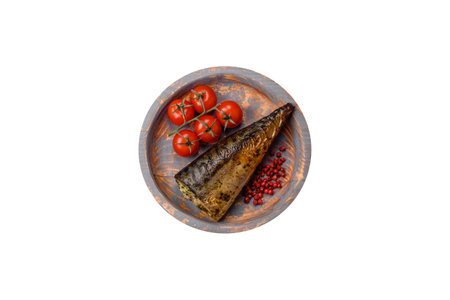 Delicious grilled mackerel with salt, spices and herbs on a textured concrete backgroundの写真素材