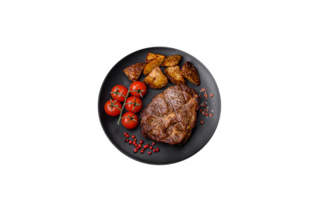 Delicious juicy pork or beef steak grilled with salt, spices and herbs on a textured concrete backgroundの写真素材