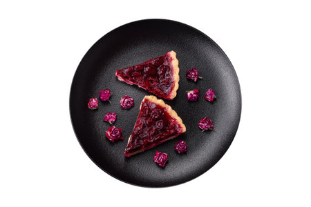 Delicious fragrant sweet pie with cherry berries on a ceramic plate on a dark concrete backgroundの写真素材