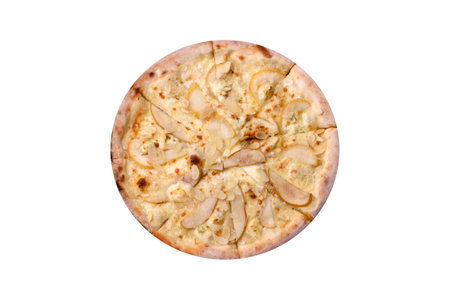Delicious sweet pizza with pear, dorblu cheese and nuts on a dark concrete backgroundの写真素材