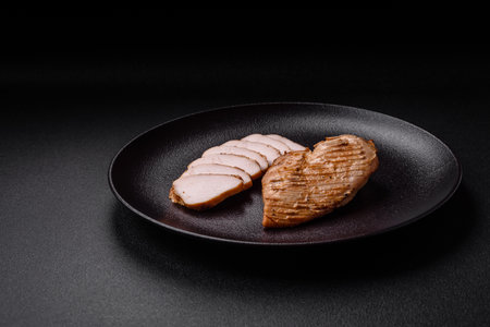 Delicious juicy grilled chicken fillet with salt, spices and herbs on a dark concrete backgroundの写真素材