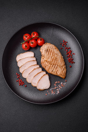 Delicious juicy grilled chicken fillet with salt, spices and herbs on a dark concrete backgroundの写真素材