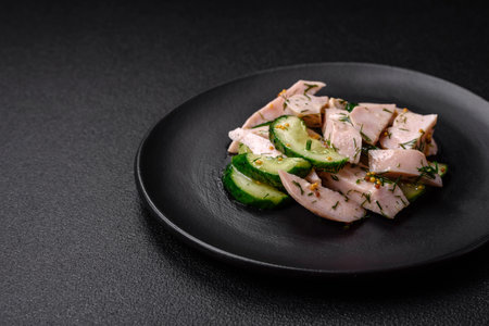 Delicious juicy fresh salad of cucumbers and grilled chicken slices, with french mustard, salt and spices on a dark concrete backgroundの写真素材