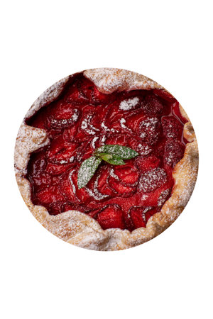 Delicious fresh sweet homemade rustic style strawberry tart with wild flowers on dark textured backgroundの写真素材