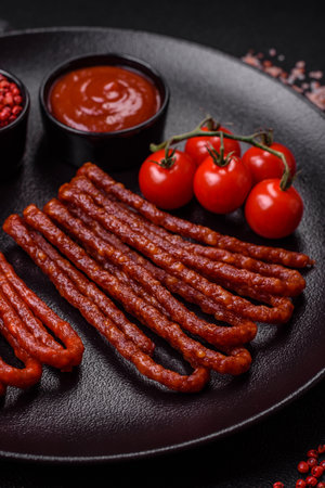 Delicious thin smoked hunting sausages with salt, spices and herbs on a dark concrete background