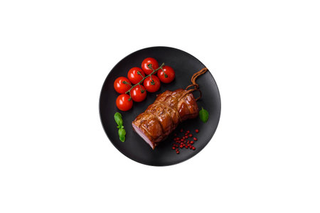 Delicious smoked bacon with salt, spices and herbs on a dark concrete backgroundの写真素材