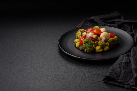 Delicious fresh salad with broccoli, cherry tomatoes, mushrooms, onions, salt, spices and herbs on a dark concrete backgroundの写真素材