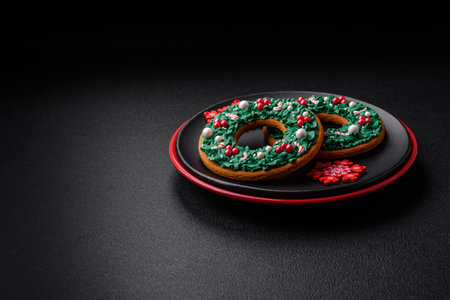 A beautiful Christmas composition consisting of ceramic plates, gingerbread and other elements of New Year's decorations on a dark concrete backgroundの写真素材